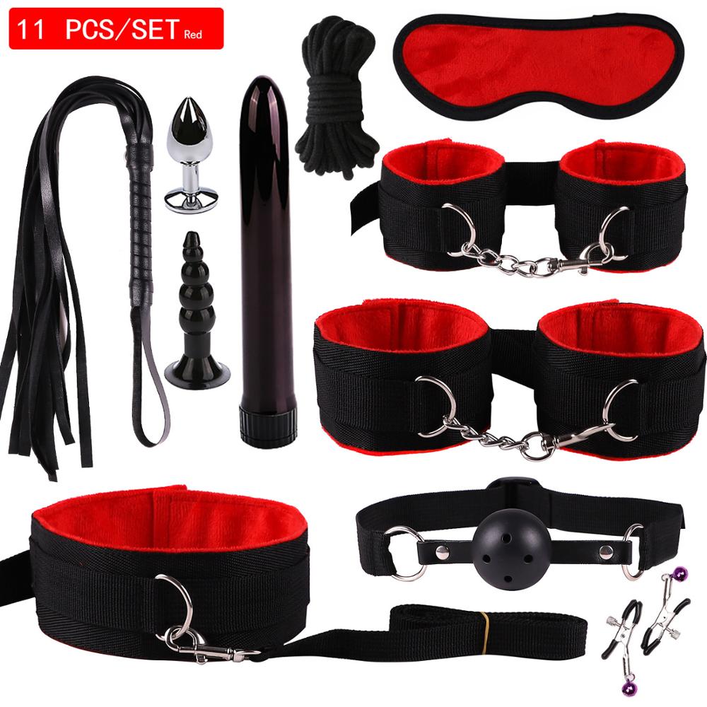 Exotic Accessories Nylon Sex Bondage Set Lingerie Handcuffs Whip Rope Anal Vibrator 11PCS/SET