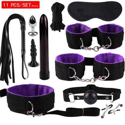 Exotic Accessories Nylon Sex Bondage Set Lingerie Handcuffs Whip Rope Anal Vibrator 11PCS/SET